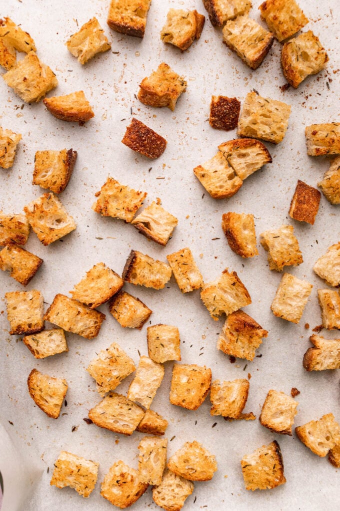 homemade croutons on baking sheet