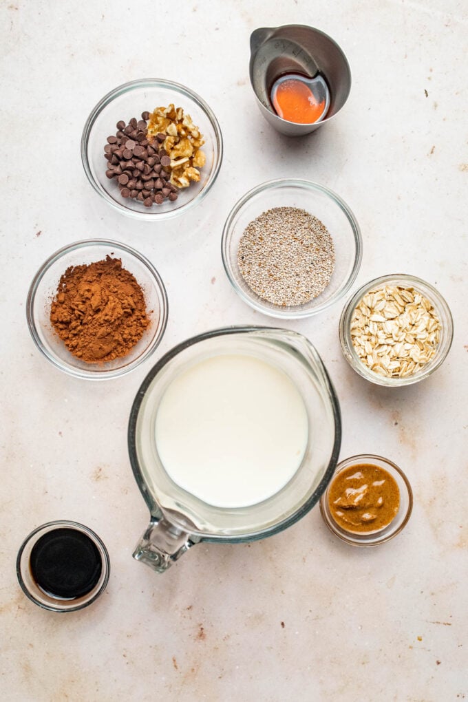 brownie batter overnight oats ingredients in jars