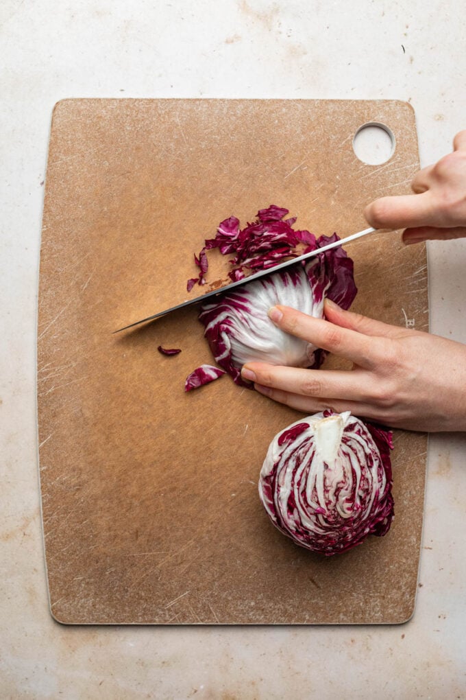 hand slicing radicchio