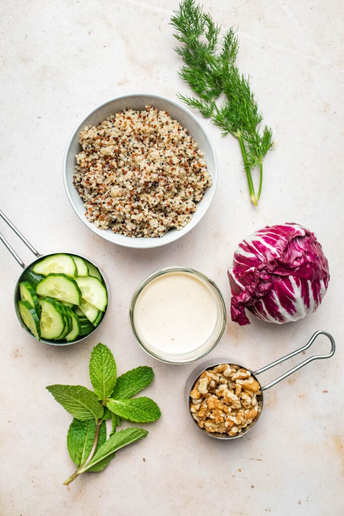 low FODMAP quinoa salad ingredients in bowls