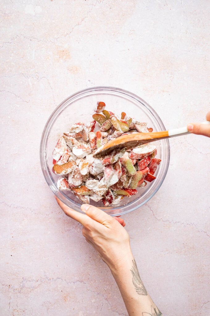 hand stirring rhubarb