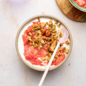 bowl with rhubarb compote, yogurt and granola