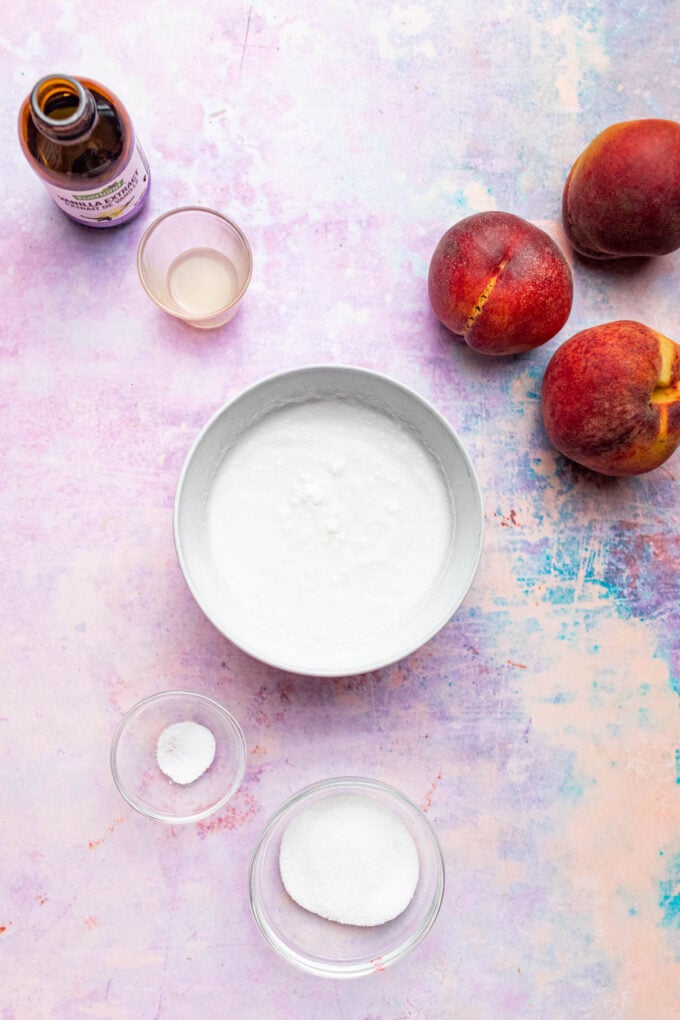 coconut milk in bowl with peaches