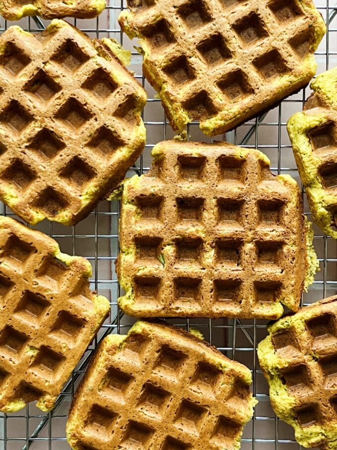 zucchini waffles on cooling rack