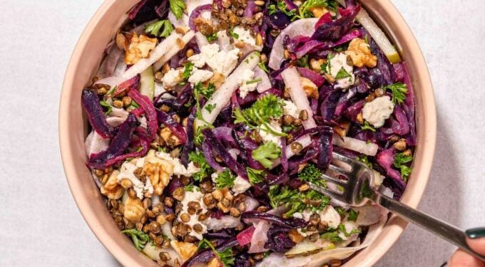Warm Roasted Red Cabbage Salad with Crispy Lentils
