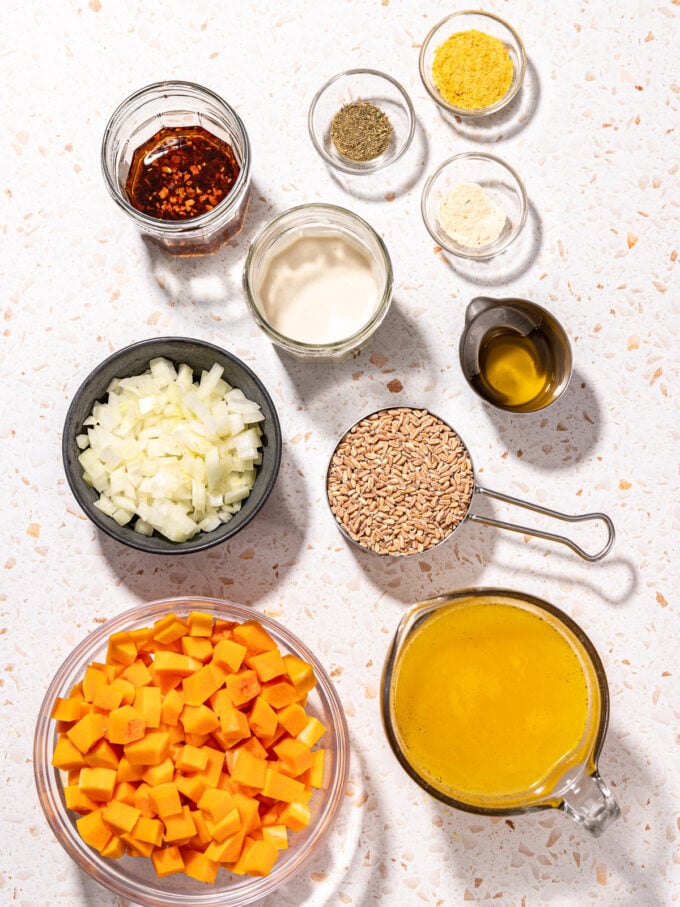 butternut squash, onion and farro in bowls