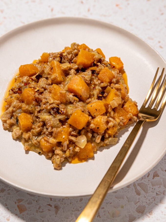 butternut squash vegan farro risotto on white plate with gold fork