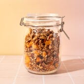 buckwheat granola with apricots in glass jar