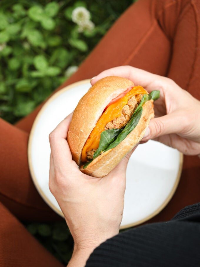 hands holding tofu burgers