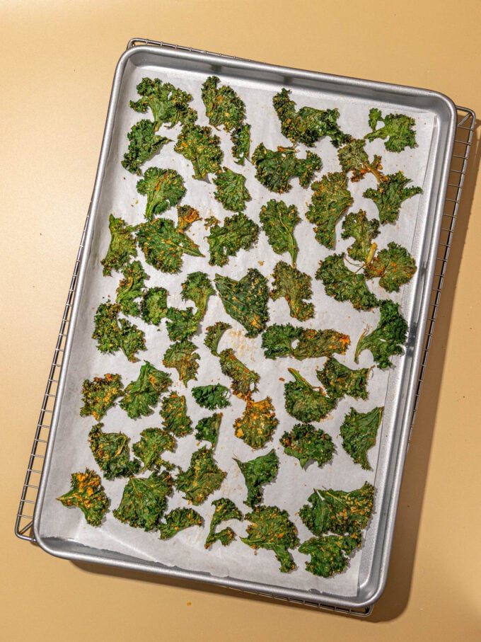 kale chips on baking sheet