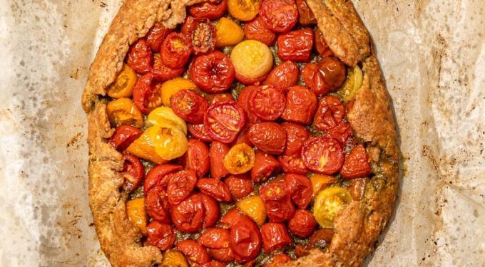 The Easiest Cherry Tomato Galette with Pesto