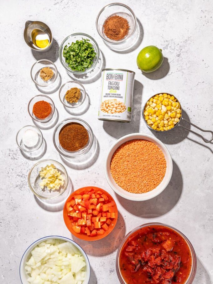 red lentil chili ingredients in bowls