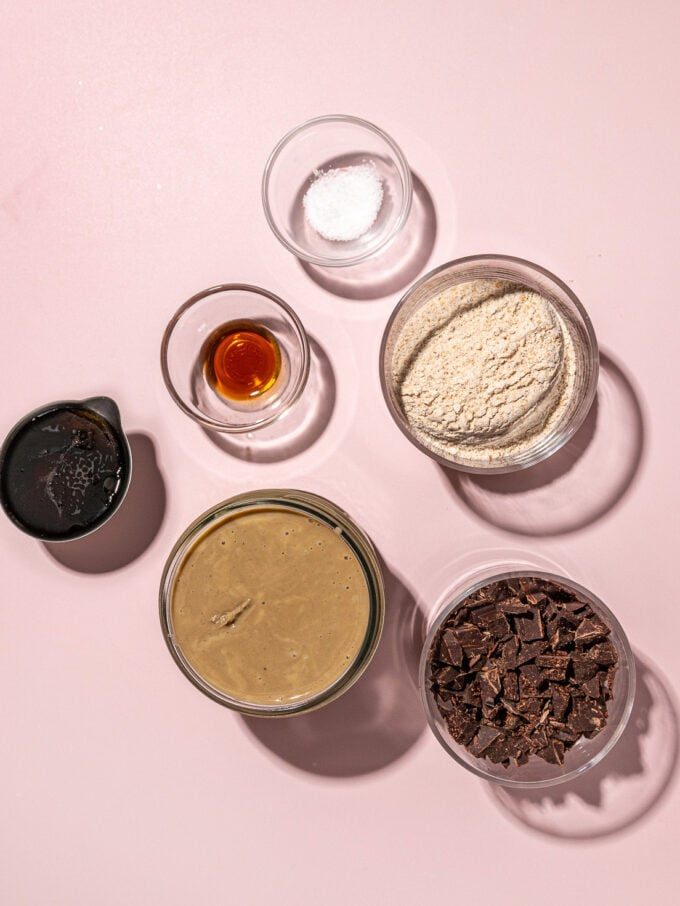 tahini, chocolate chips and flour in bowls