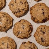 tahini chocolate chip cookies on parchment