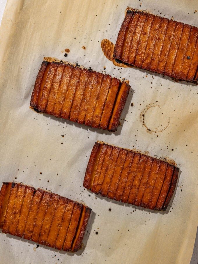 glazed tofu on baking sheet