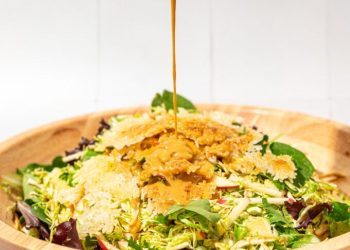 Raw Shredded Brussels Sprouts Salad with Crispy Rice and Tofu