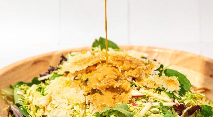 Raw Shredded Brussels Sprouts Salad with Crispy Rice and Tofu