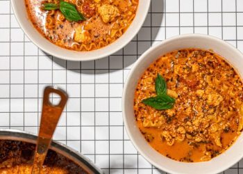 Nourishing Vegan Lasagna Soup with Tofu Crumbles