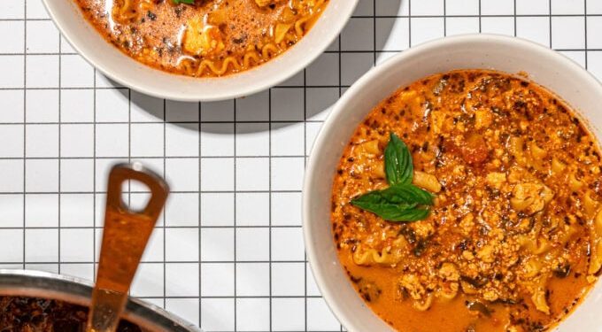 Nourishing Vegan Lasagna Soup with Tofu Crumbles