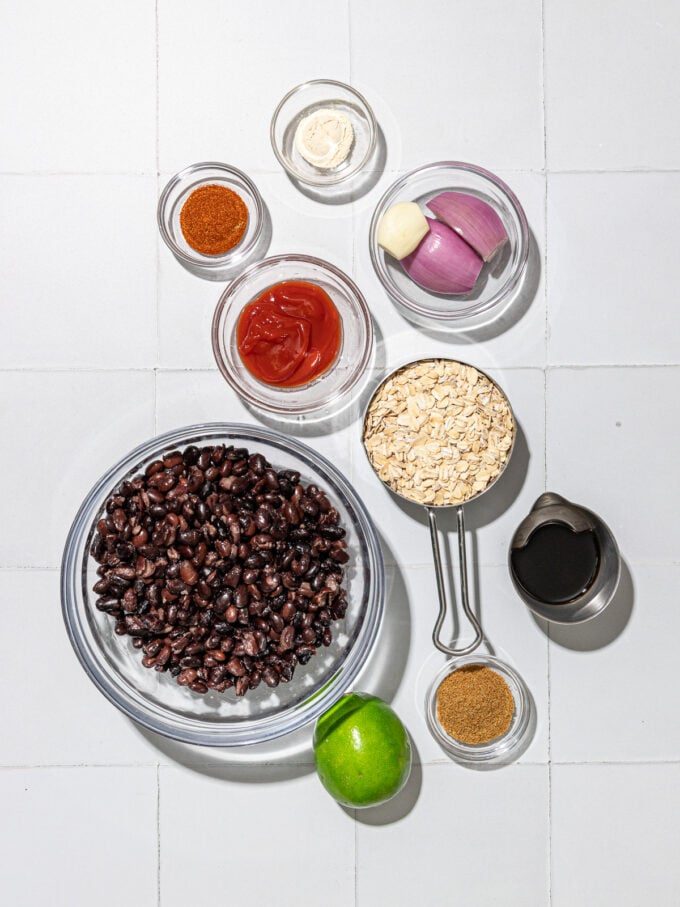 black beans, oats, lime, cumin in bowls