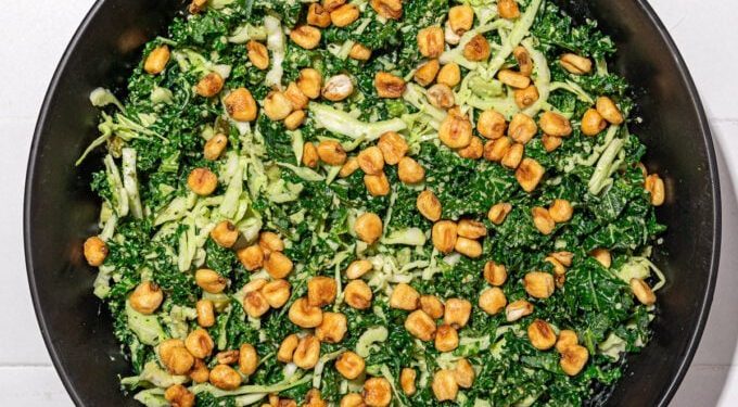 20 Minute Shredded Kale Cabbage Salad with Dill Pickle Ranch