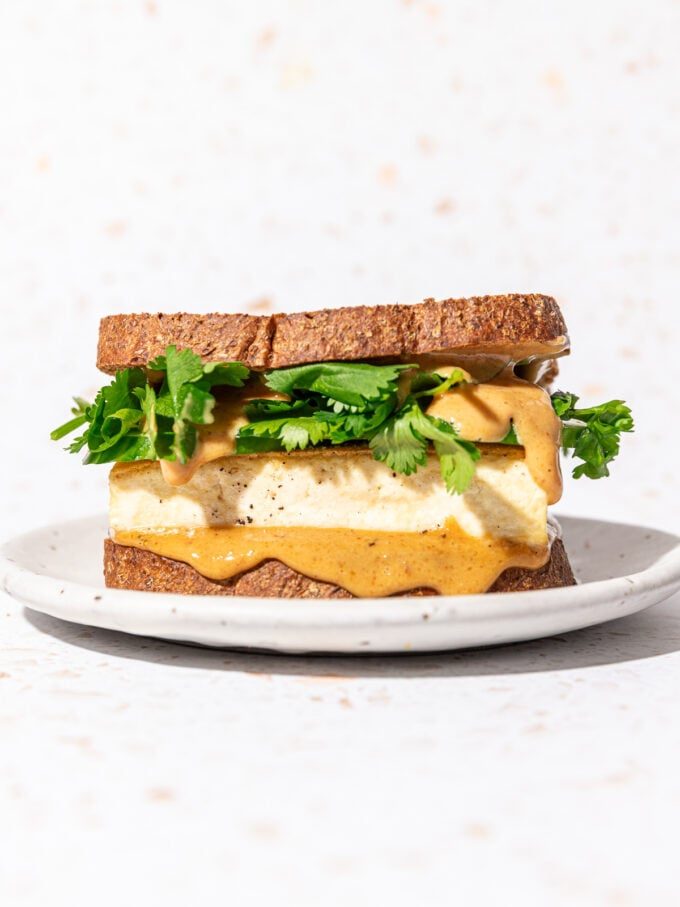 tofu sandwich with peanut sauce and cilantro on white plate