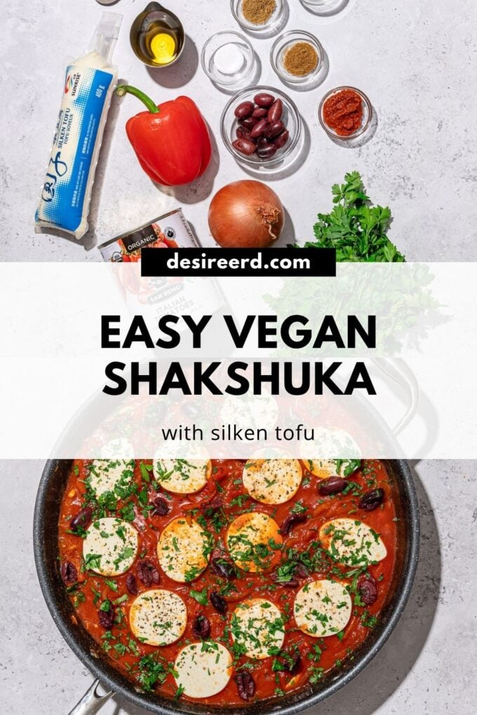 pin with skillet of tofu shakshuka beside tofu tube, onion, red pepper and cilantro