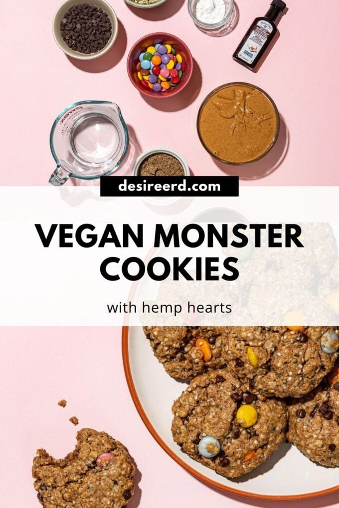 Pinterest graphic of plate of vegan monster cookies beside an assortment of ingredients 