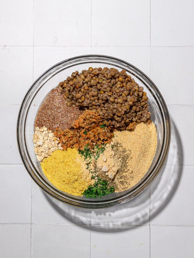 lentils, walnuts, oats, flax, nutritional yeast in bowl