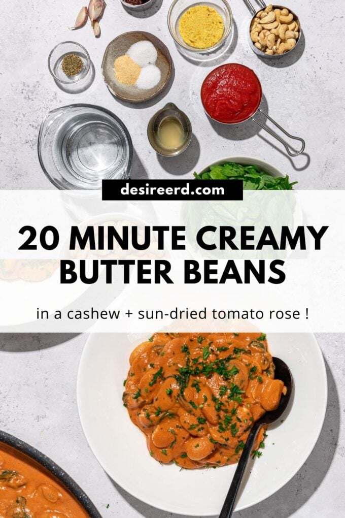 pinterest graphic of white bowl with rose butter beans beside bowls of passata, butter beans, cashews and spices