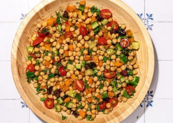 Greek-ish Chickpea Salad with Creamy Balsamic Dressing