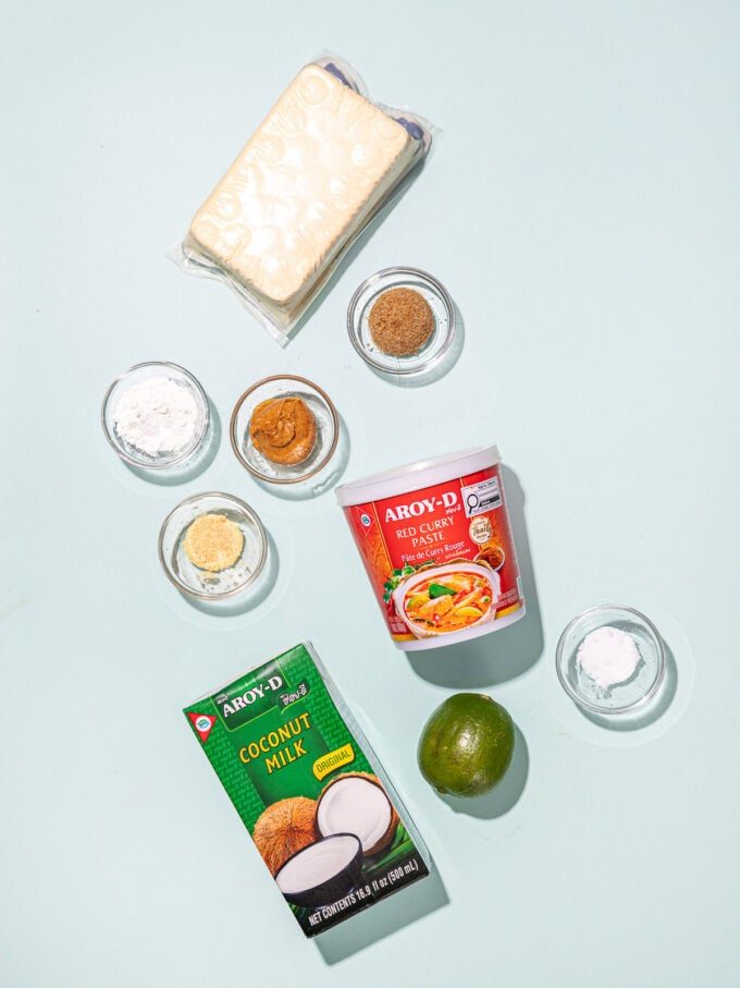 red curry paste, coconut milk, tofu and bowls of spices