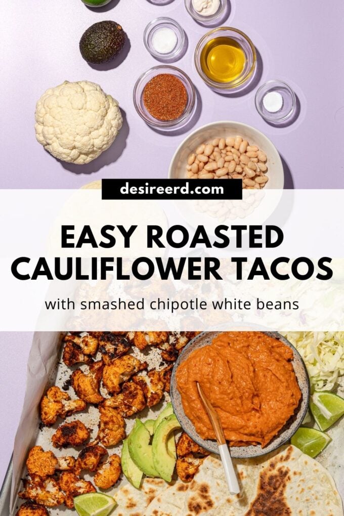 pin of roasted cauliflower tacos arranged on platter beside head of cauliflower, bowls of white beans and spices