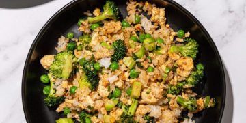 Crumbled Tofu Fried Rice with Broccoli and Peas