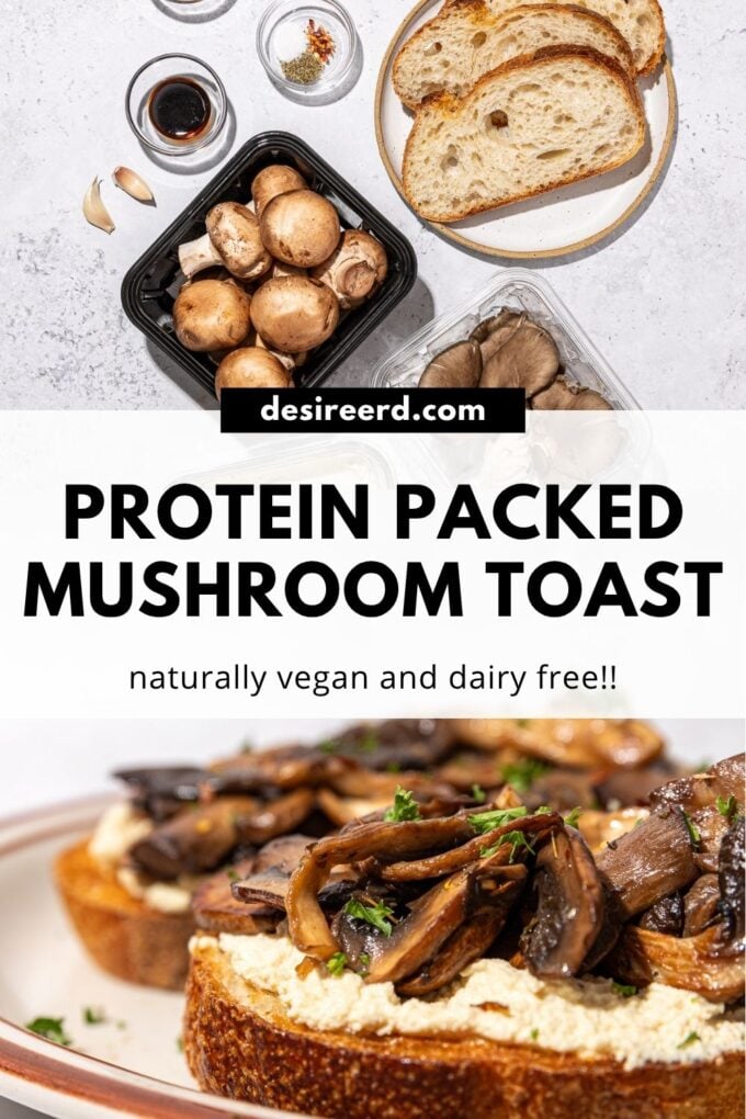 pinterest graphic of slices of mushroom ricotta toast with containers of mushrooms, slices of bread on a plate and bowls of soy sauce.