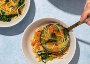 Vegan “Chicken” Noodle Soup with Grated Tofu