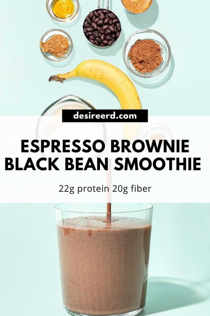 pin of glass of black bean smoothie with ingredients: banana, black beans, cocoa in bowls