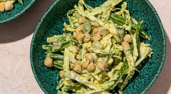 Creamy Vegan Green Goddess Salad with Shredded Cabbage