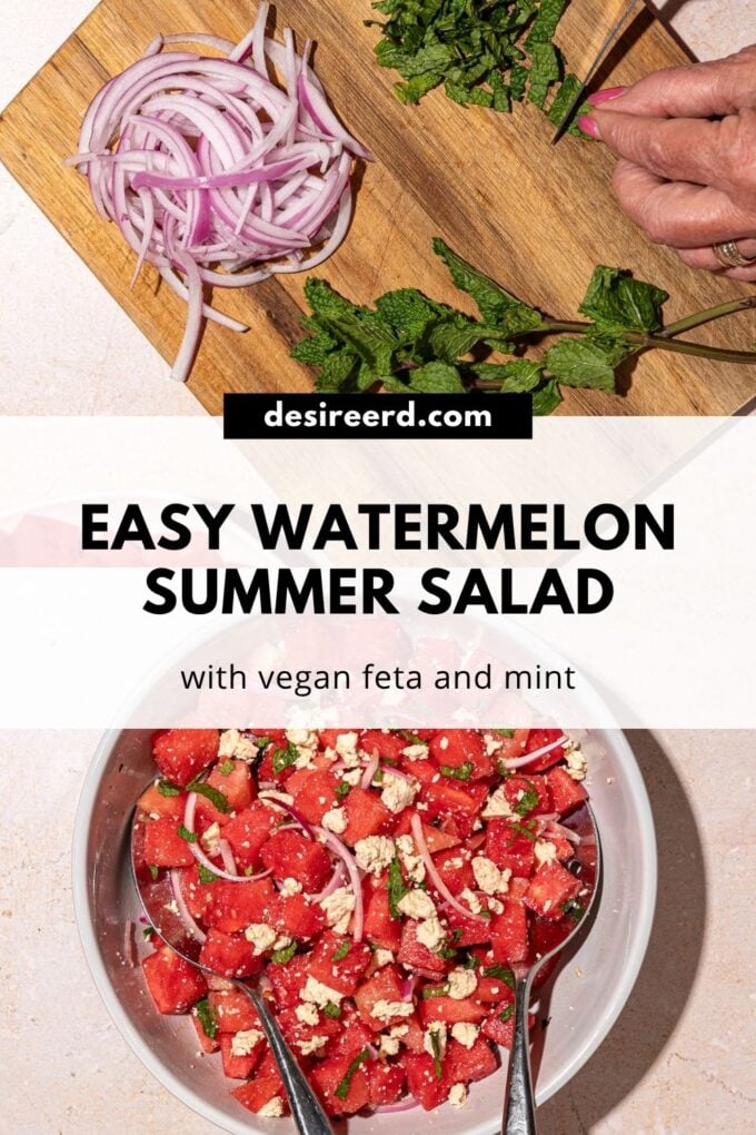 pinterest graphic of a bowl of watermelon mint salad beside image of hand slicing mint on cutting board with mint and sliced red onion
