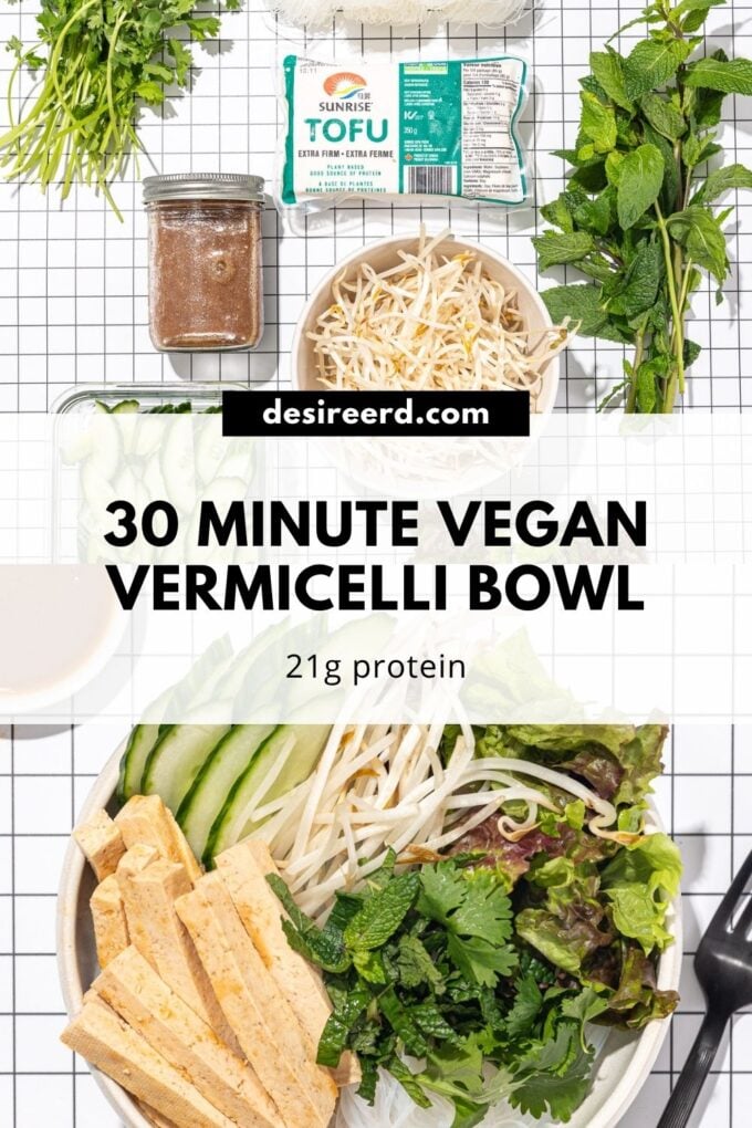 pinterest graphic of tofu vermicelli bowl beside an assortment of ingredients: tofu, beans sprouts, mint, cilantro, 