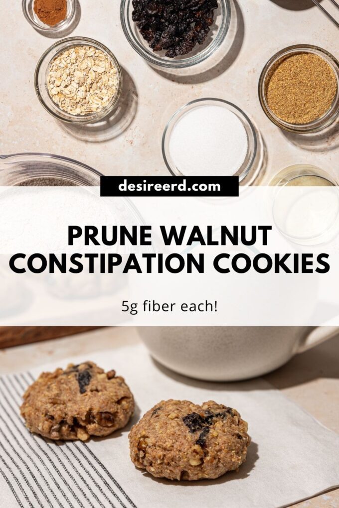 Pinterest graphic of bowls of ingredients side by side with an image of 2 prune cookies on a napkin