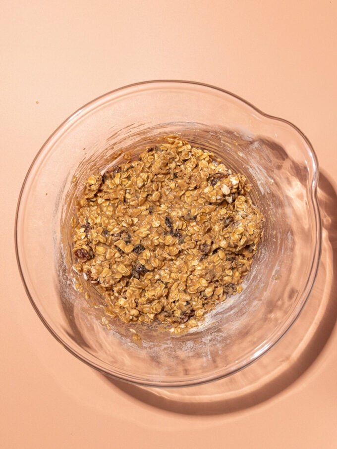 bowl of oatmeal raisin cookie batter