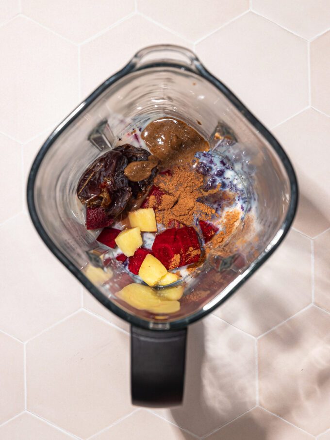 beets, blueberries, cinnamon, ginger in blender