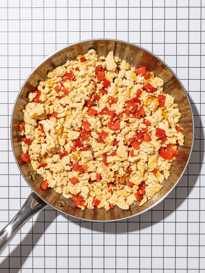 skillet with crumbled tofu and red pepper